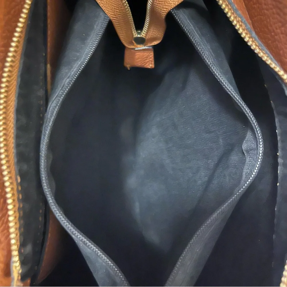 Vera Pelle Tan Brown Pebbled Leather Neutral Two Handle Tote Laptop Bag Purse